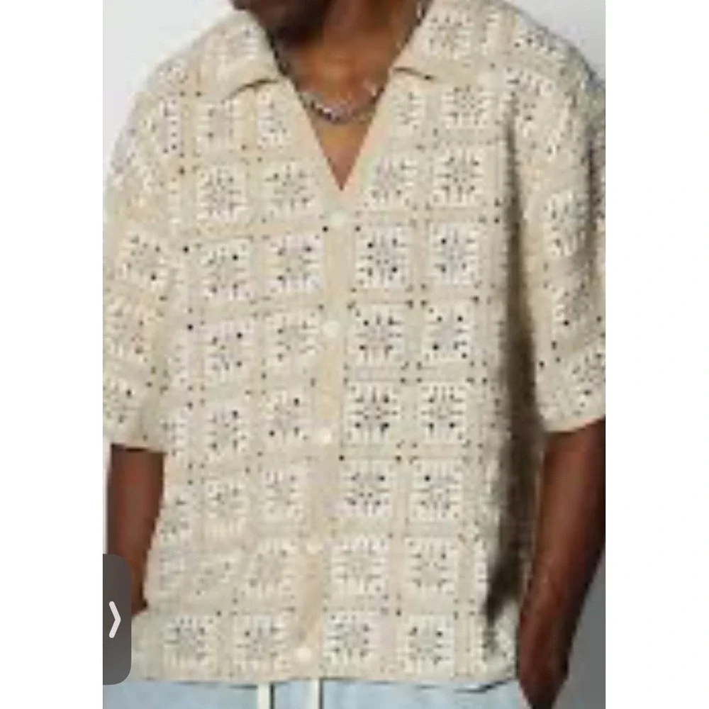 Sandstone Mens Crochet Button Open Knit Festival Sweater Tan & white Large - Picture 1 of 5